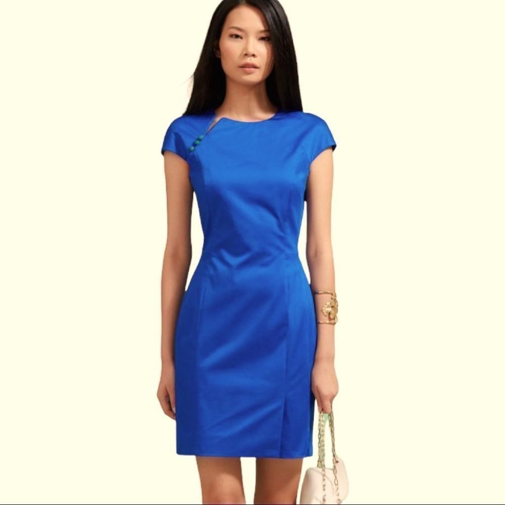 Shanghai Tang Royal Blue Cap Sleeve Wool Qipao Dress w/Gemstone Buttons Size 10